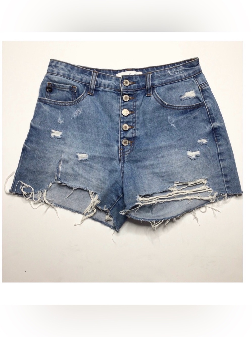 KanCan High Rise Button Fly Distressed Denim Shorts Size Medium Frayed Hem